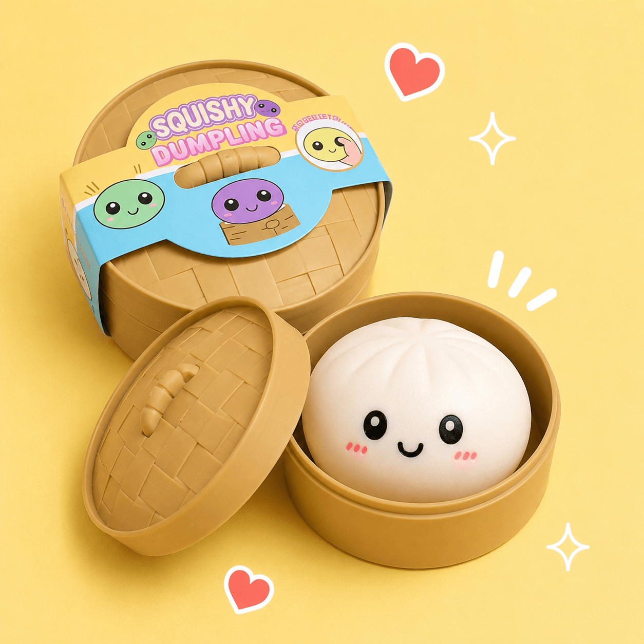Mystery Dumpling Squishy in bamboo steamer gift box