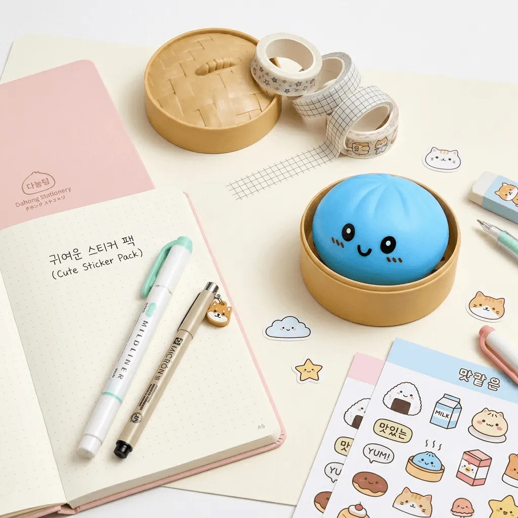 Blue Mystery Dumpling Squishy on desk
