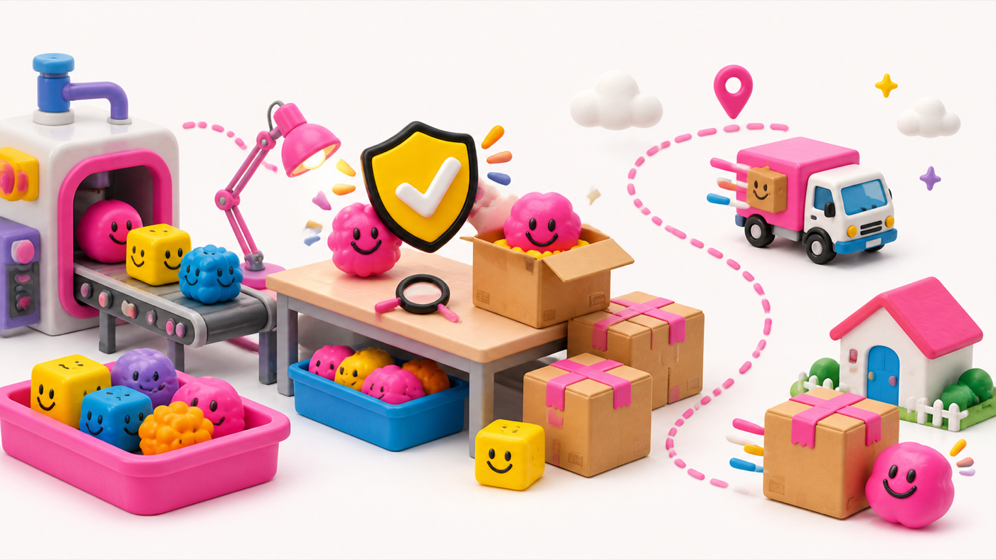 Illustration of sensory toys being checked, packed, and shipped