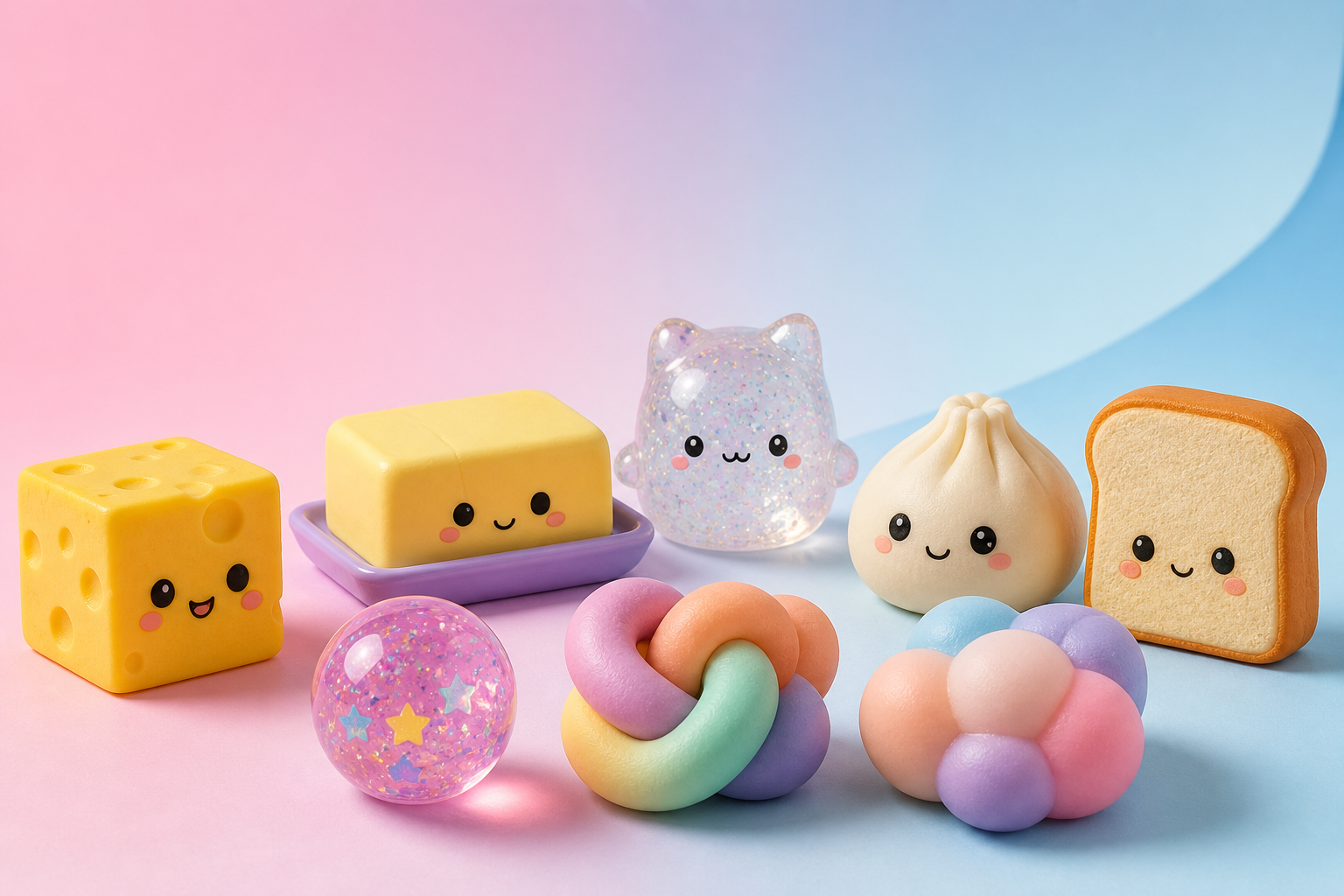 A colorful assortment of foam, gel, glitter and character squishy sensory toys