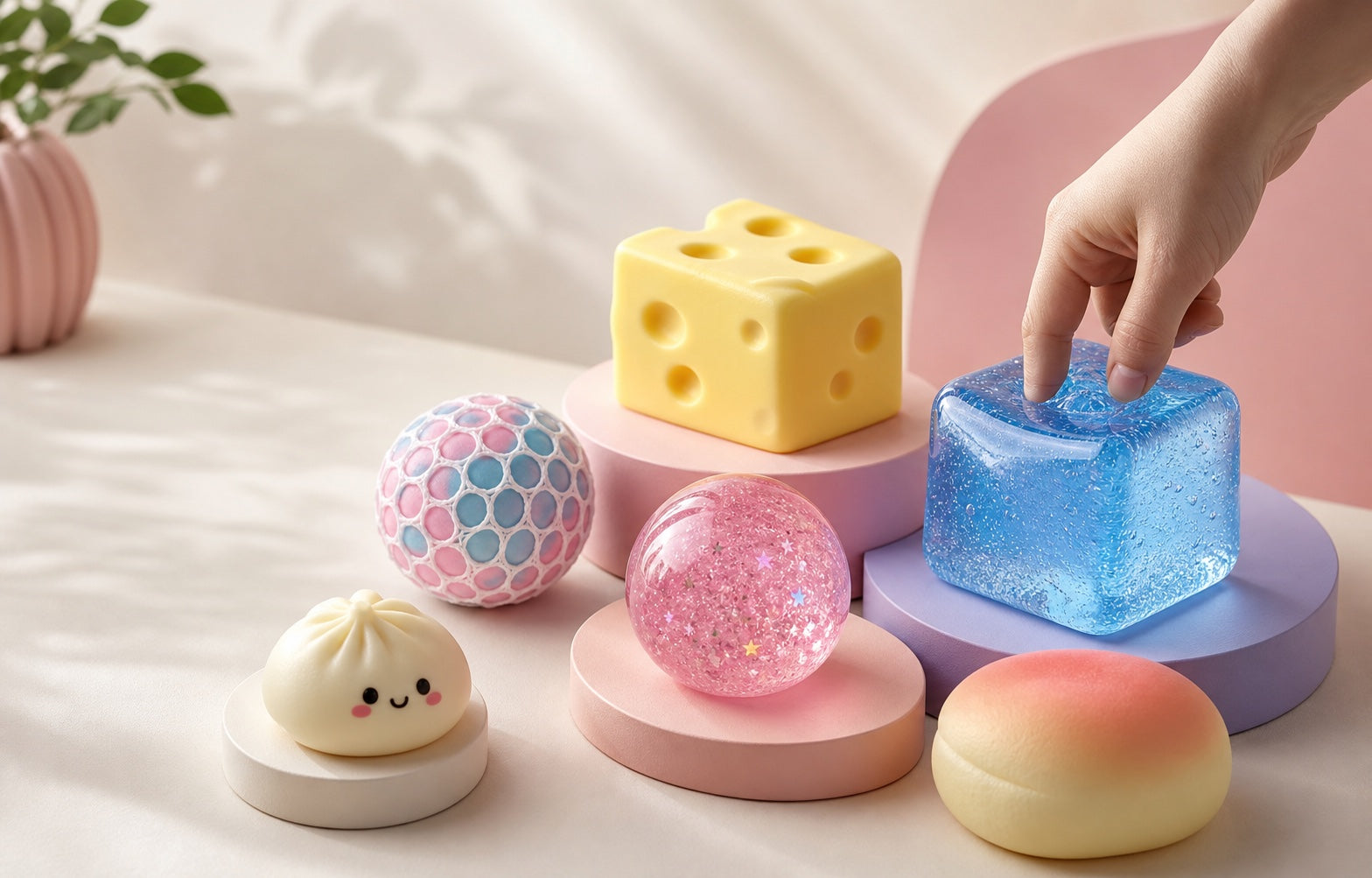 A hand pressing a blue gel cube beside colorful sensory toys